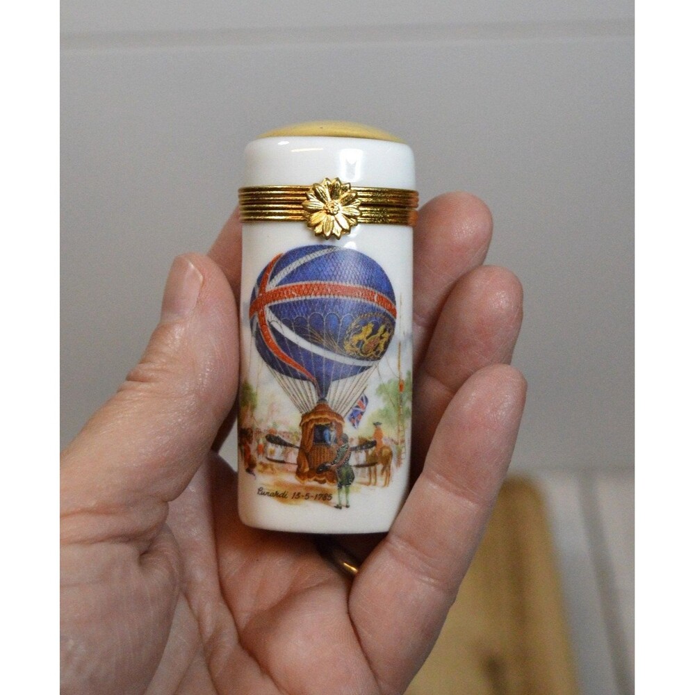 Vintage French Limoges Artoria Hinged Toothpick Trinket Box, Hot Air Balloon